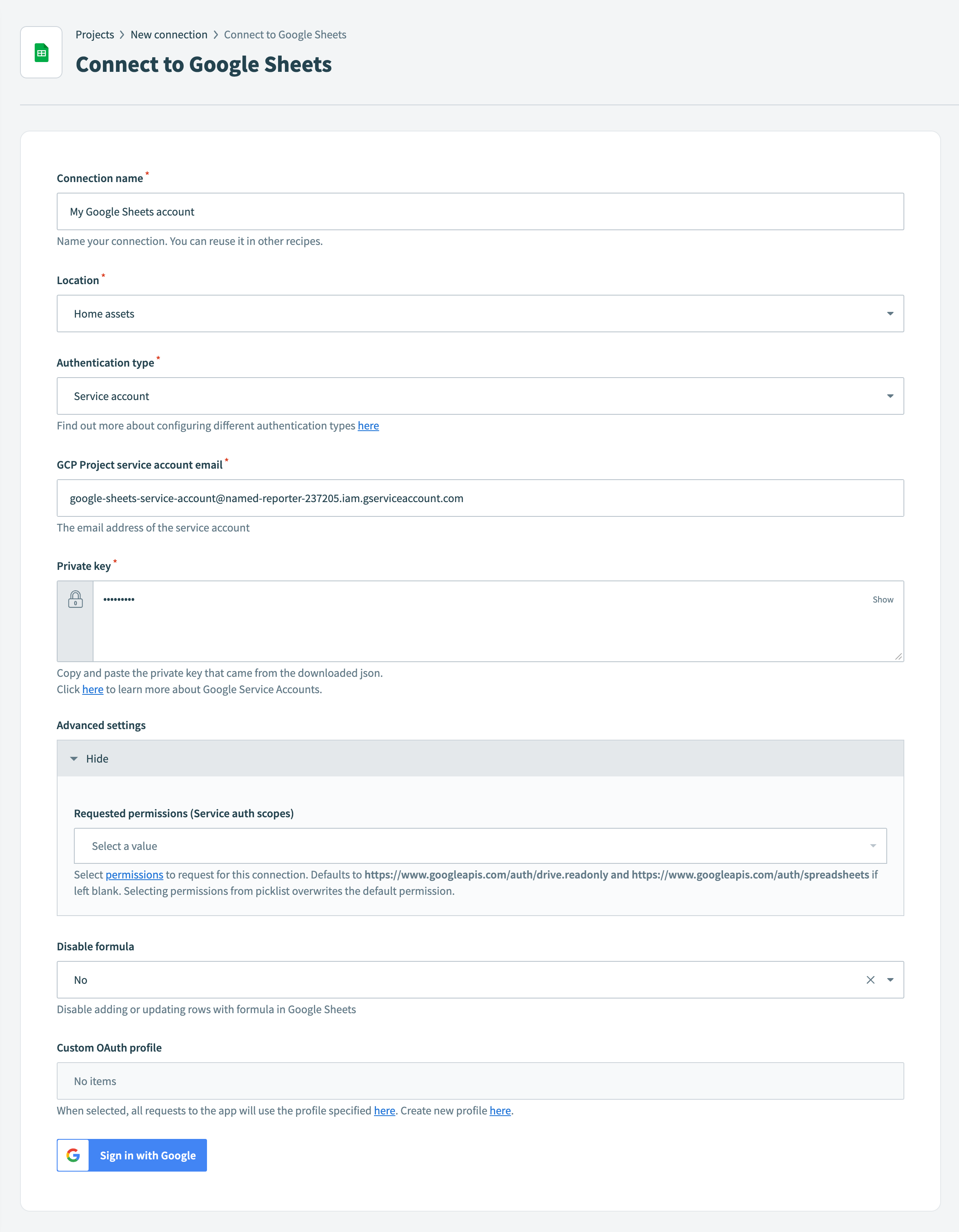 Google Sheet service account connection fields