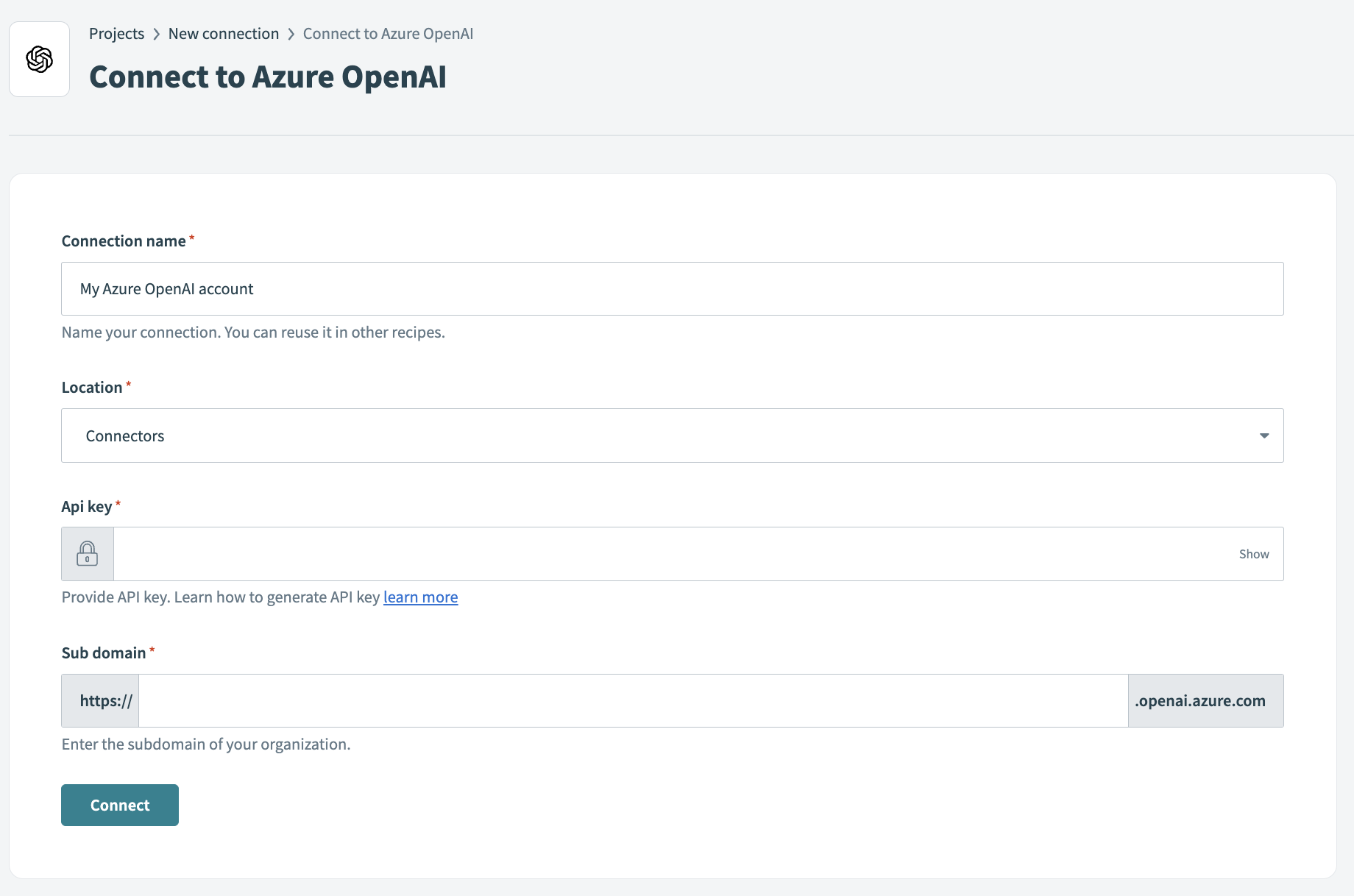 Azure OpenAI API key connection