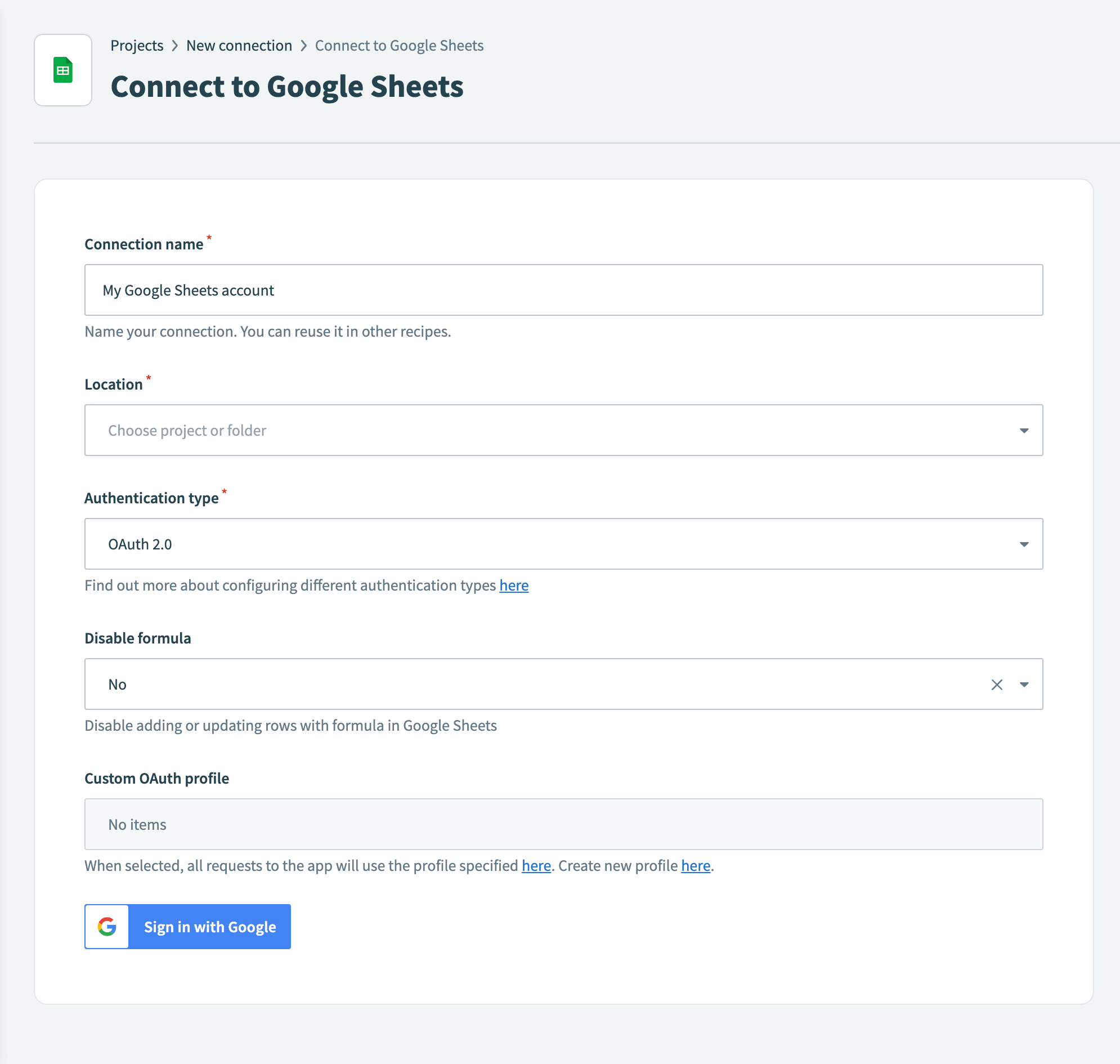 OAuth 2.0 connection fields