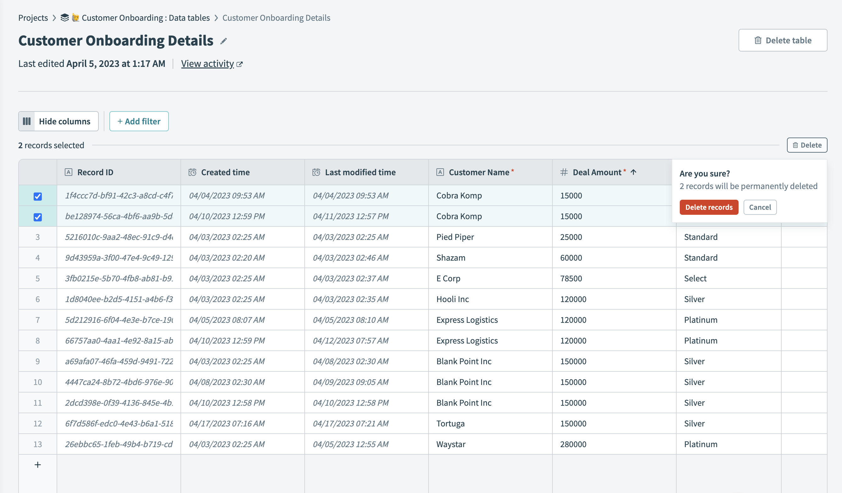 Data tables