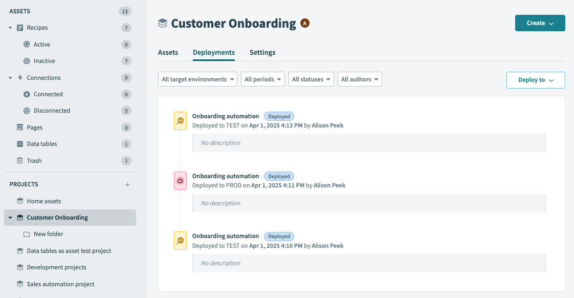 Deployments tab