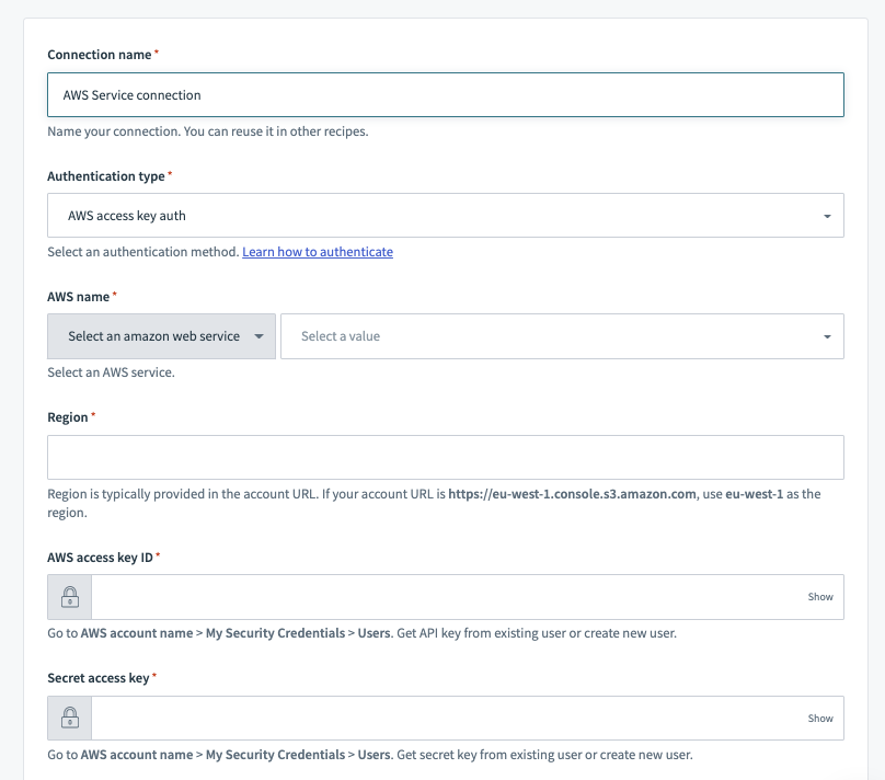 HTTP (AWS access key auth) コネクターのコネクションの設定項目
