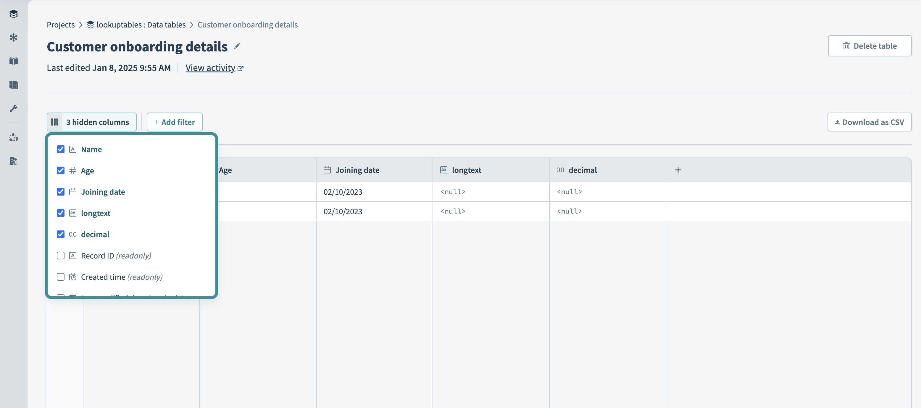 Data tables