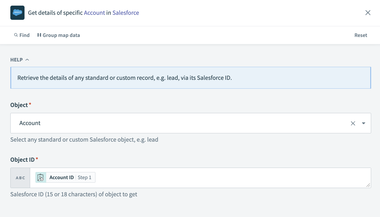 Get details of a specific Account in Salesforce action