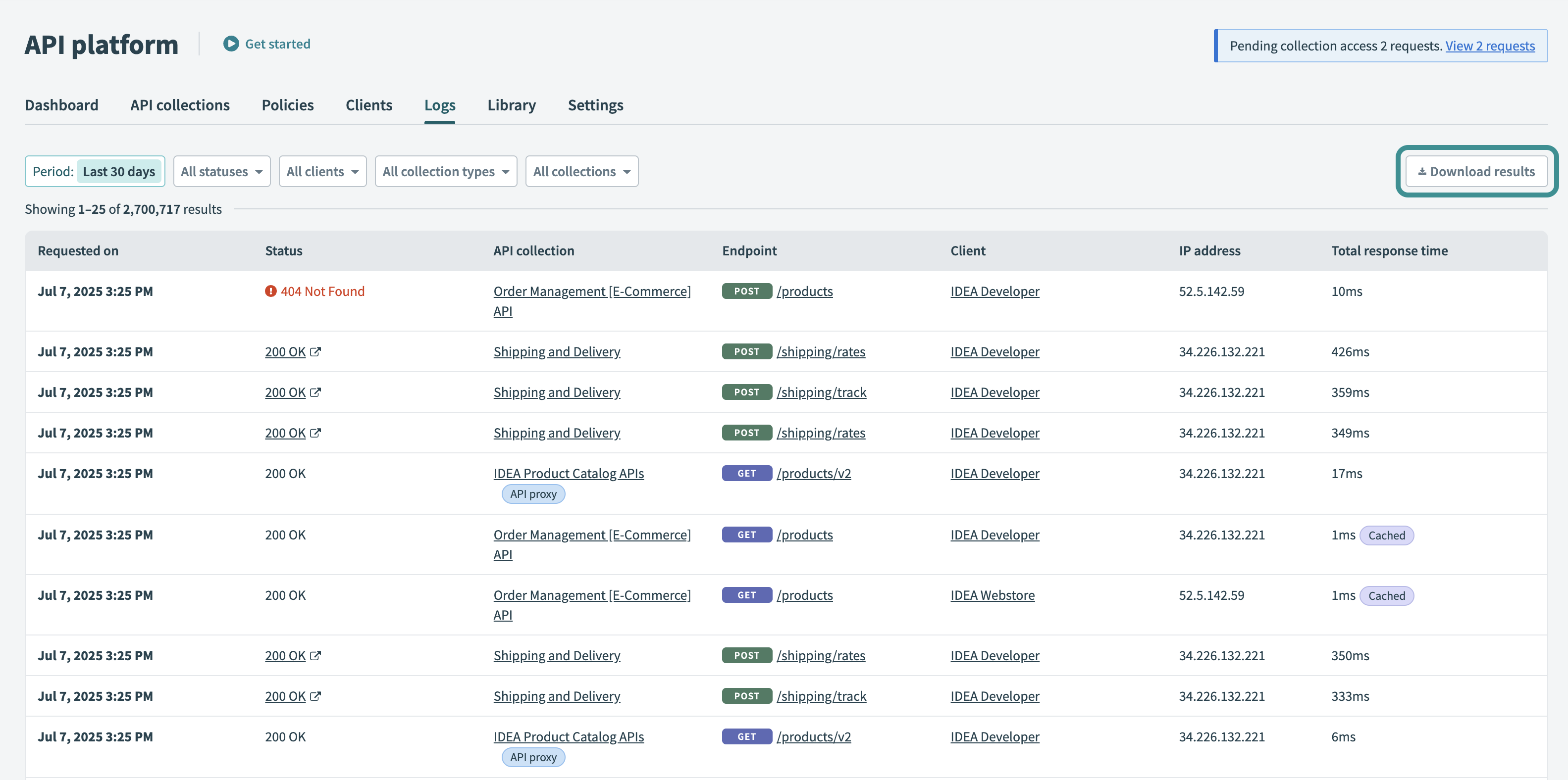 Download logs as a CSV file