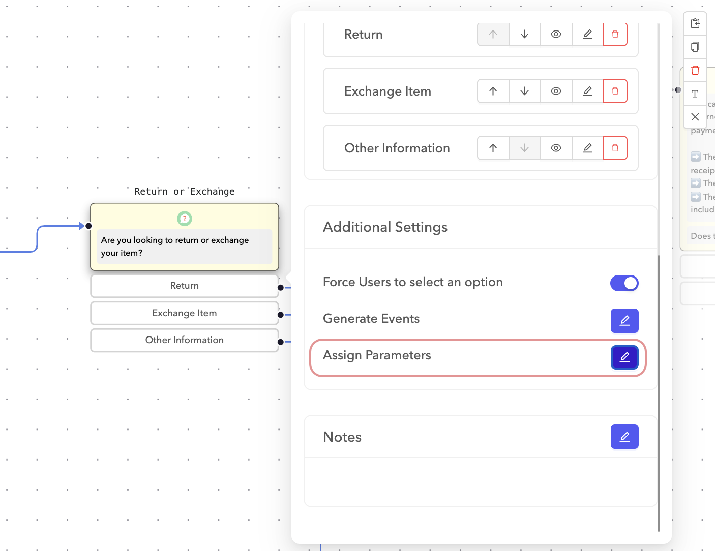 Assign parameters to a node