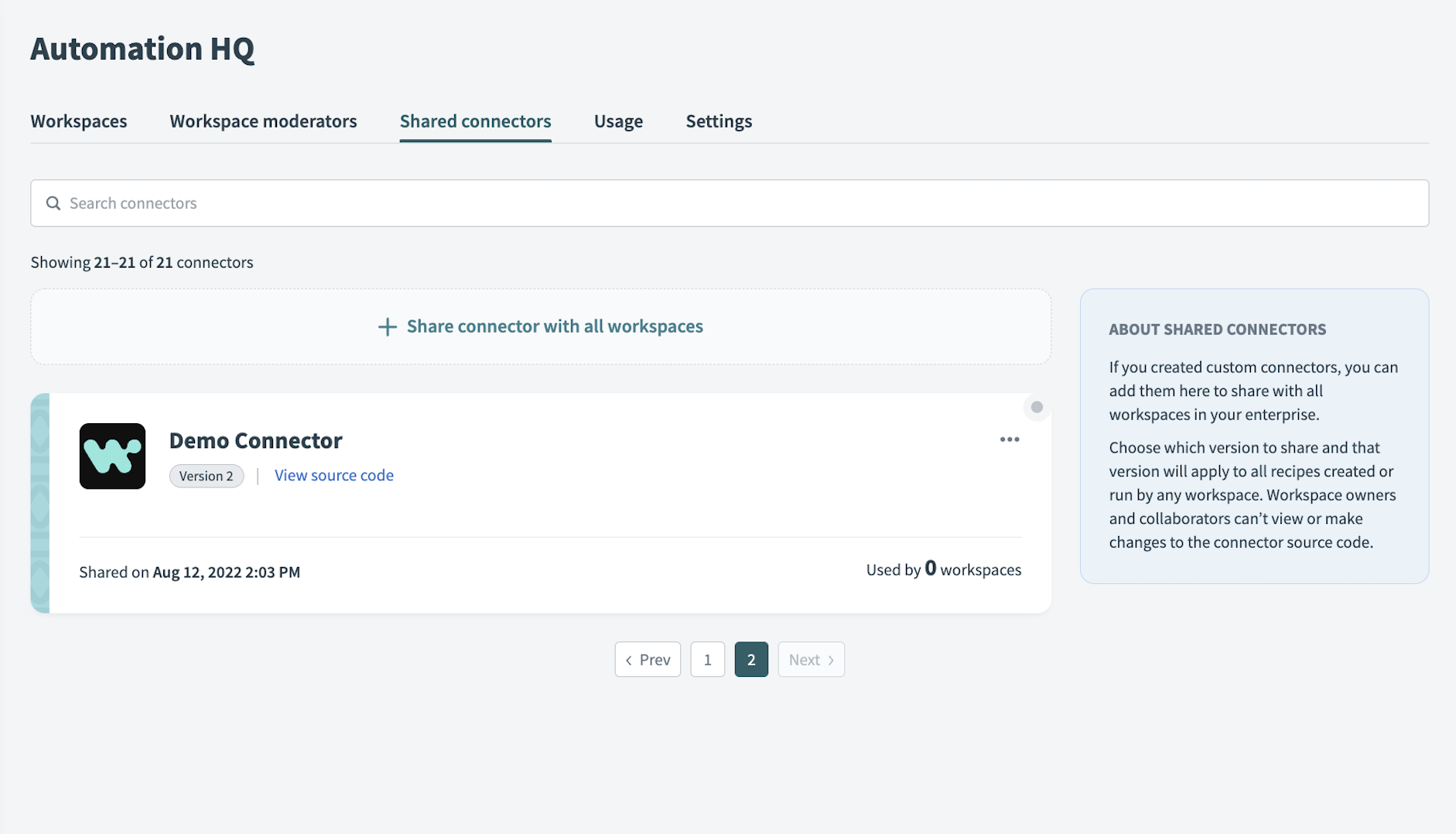 Shared connectors tab