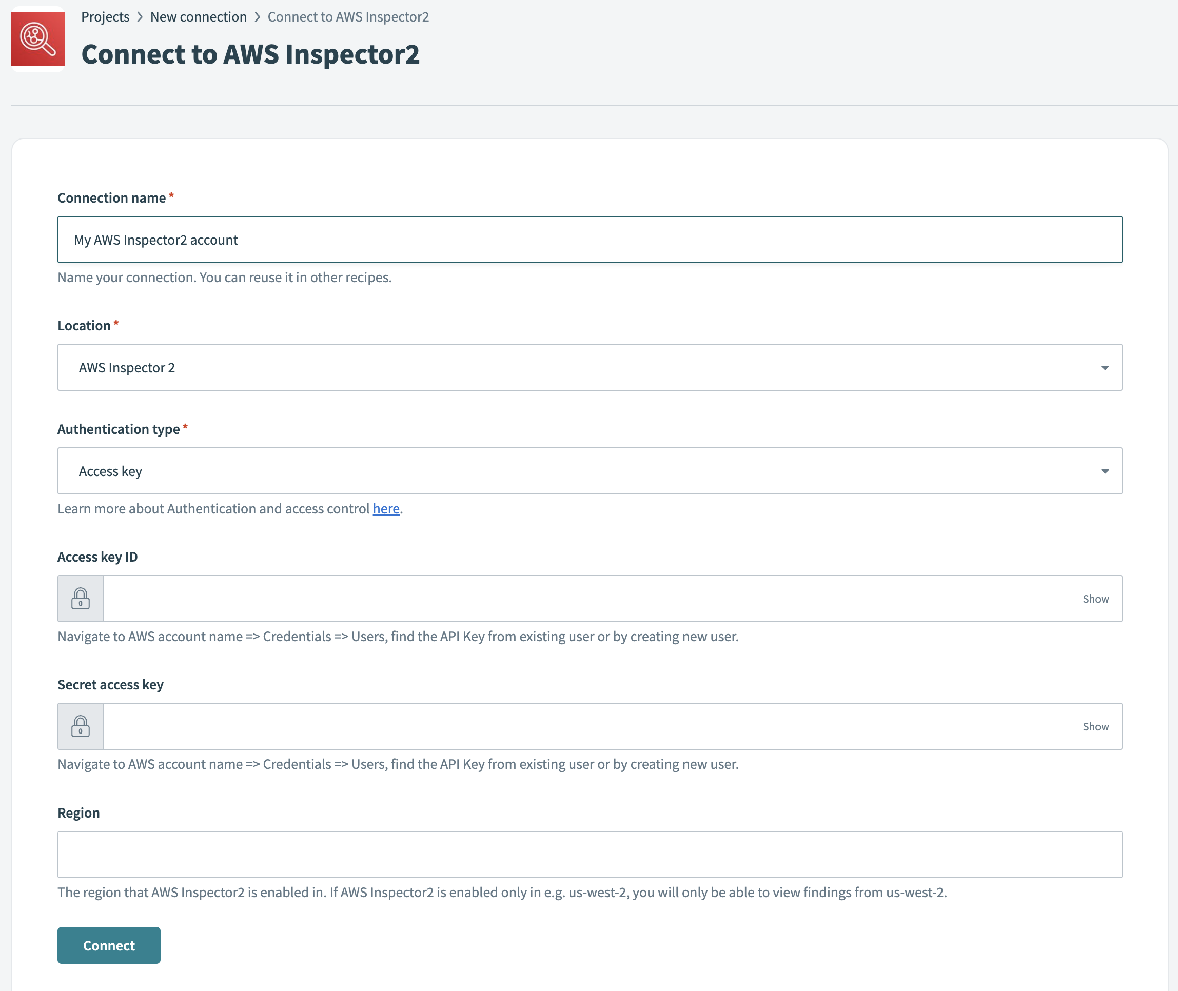 AWS Inspector 2 Access key connection