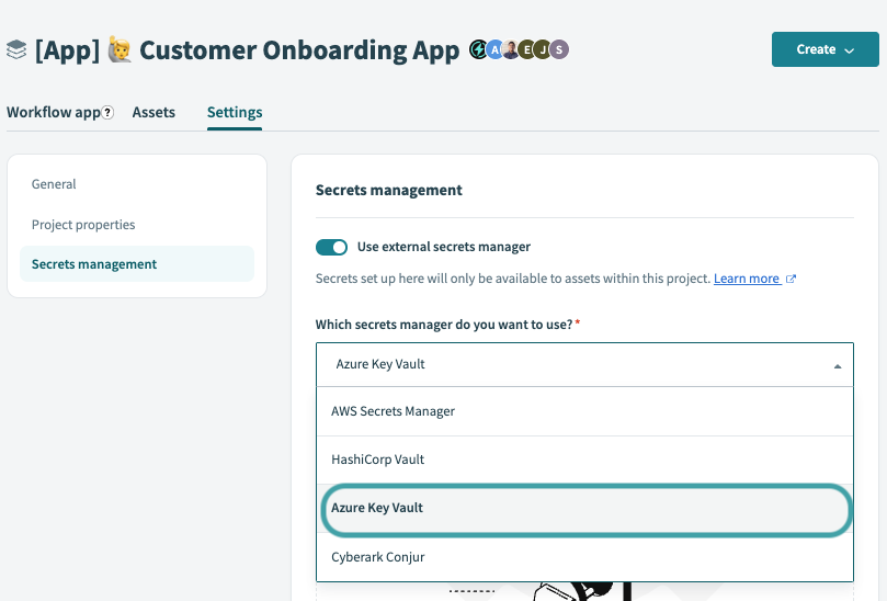 Secrets management interface of a project