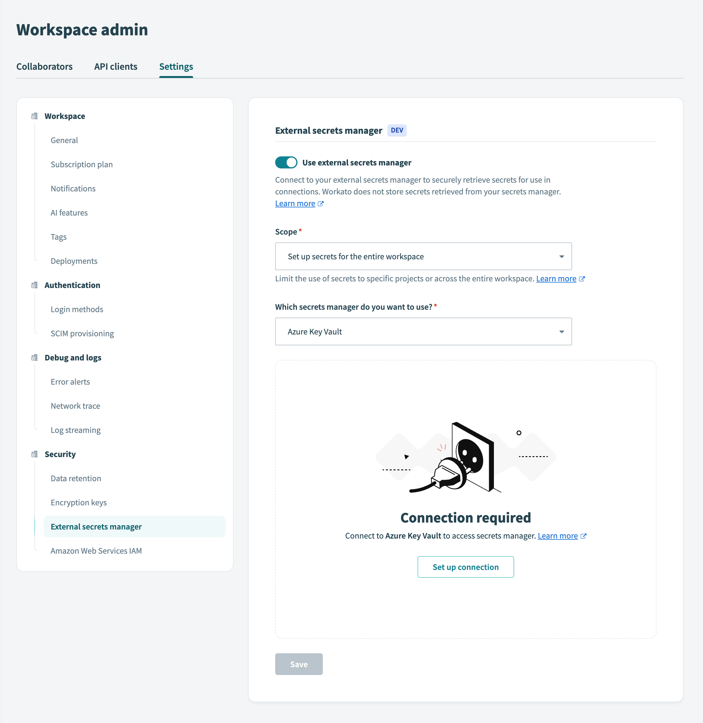 Secrets management interface of a workspace