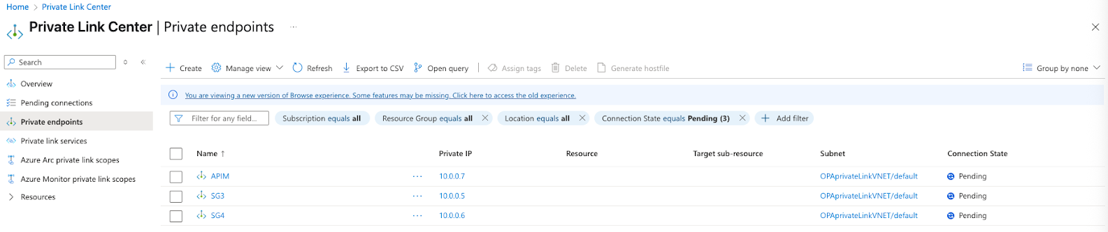 Azure Private endpoints page
