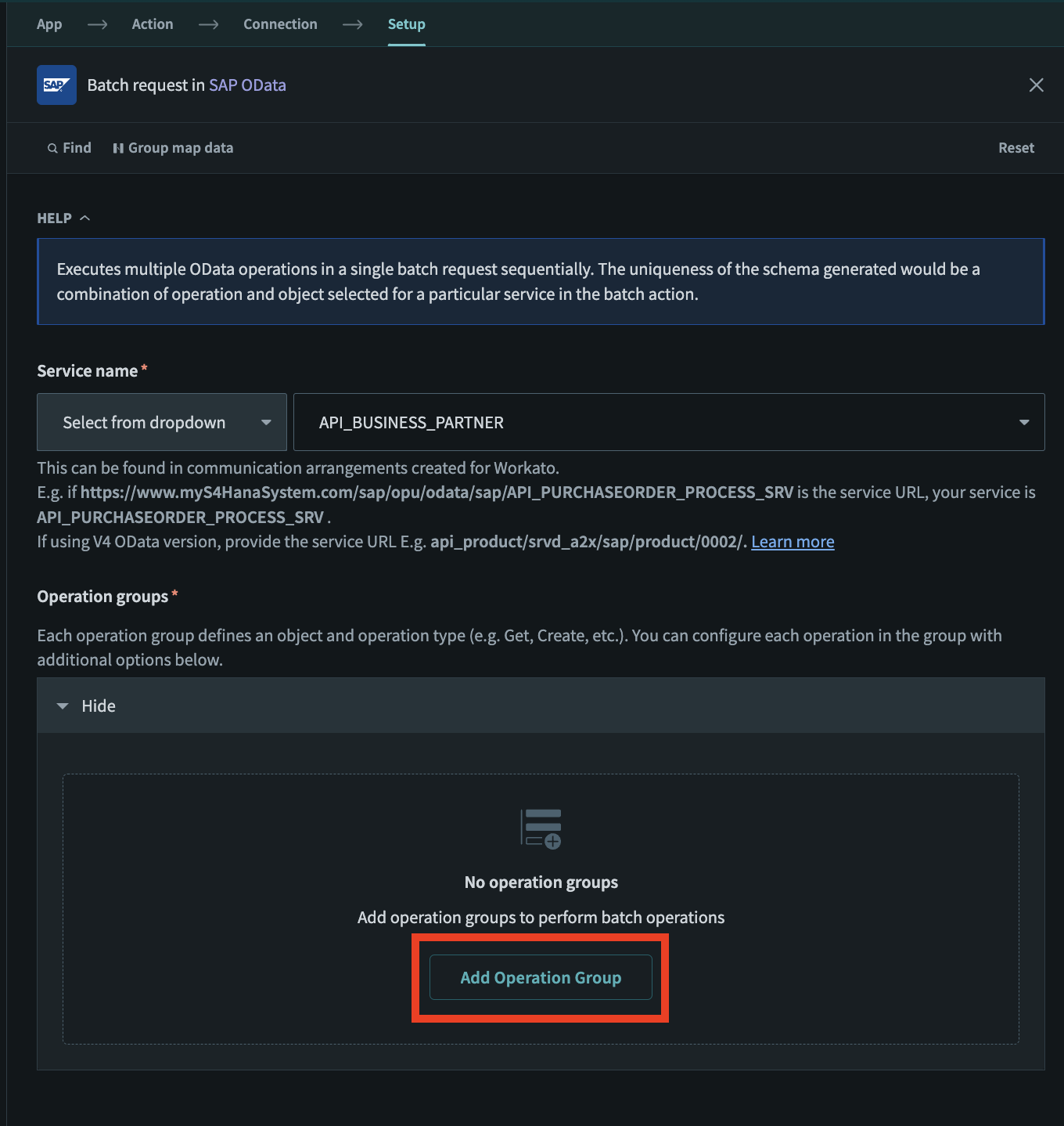 OData batch operation group selection