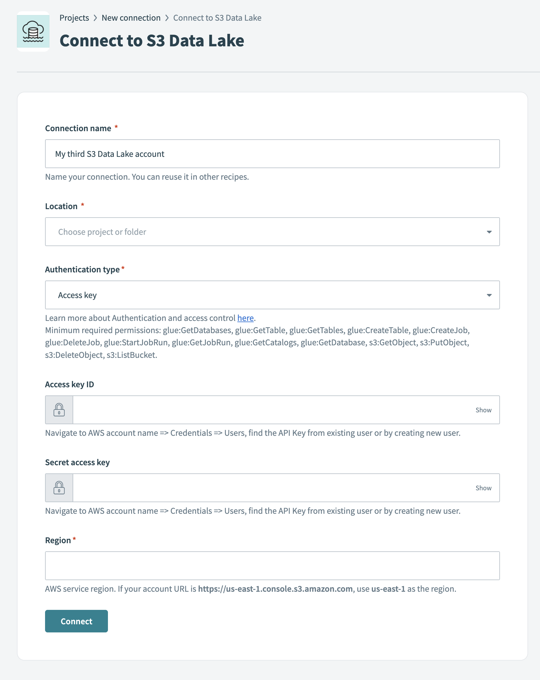 Connection name for S3 Data Lake