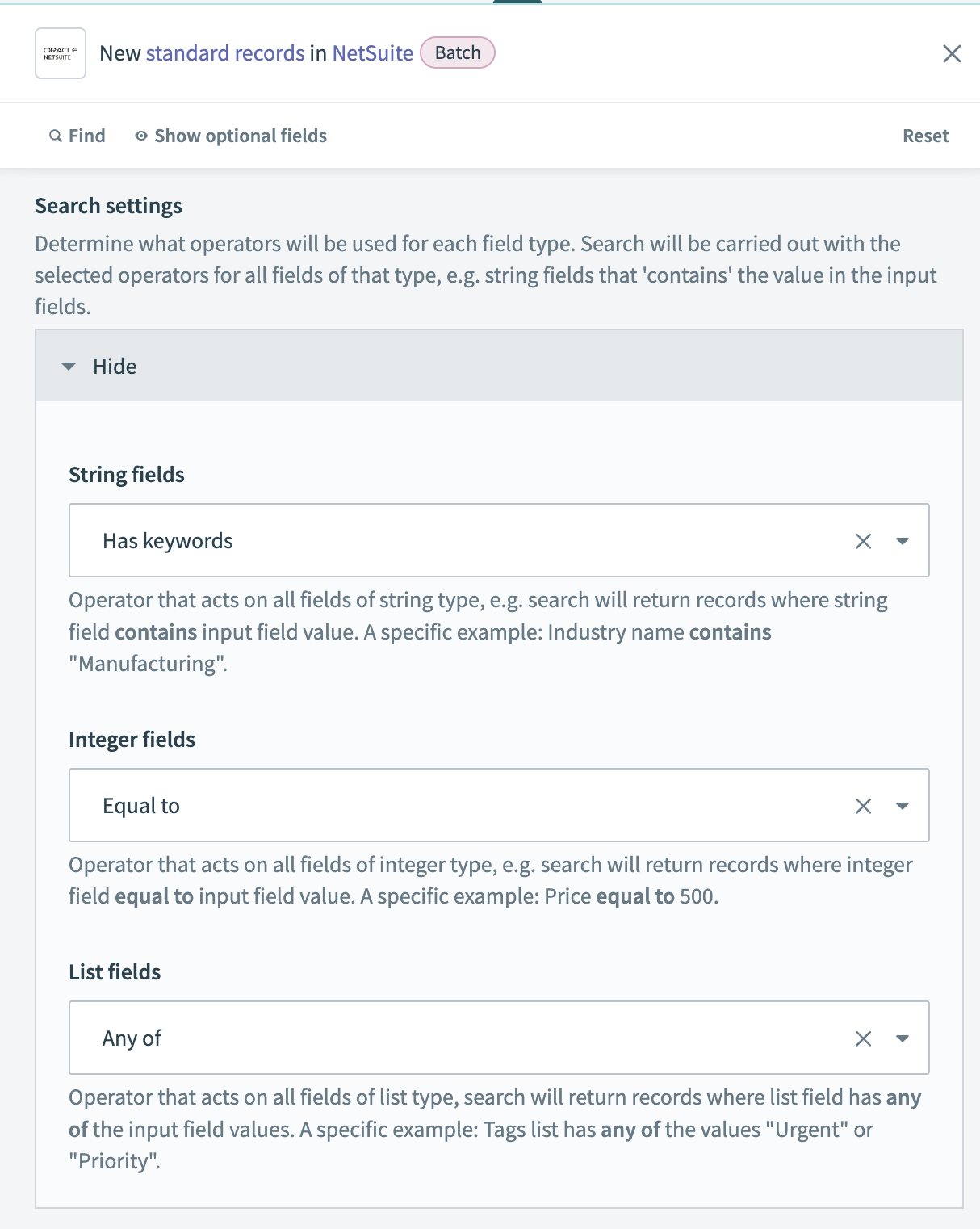 Configure Search settings by selecting operators for each field type
