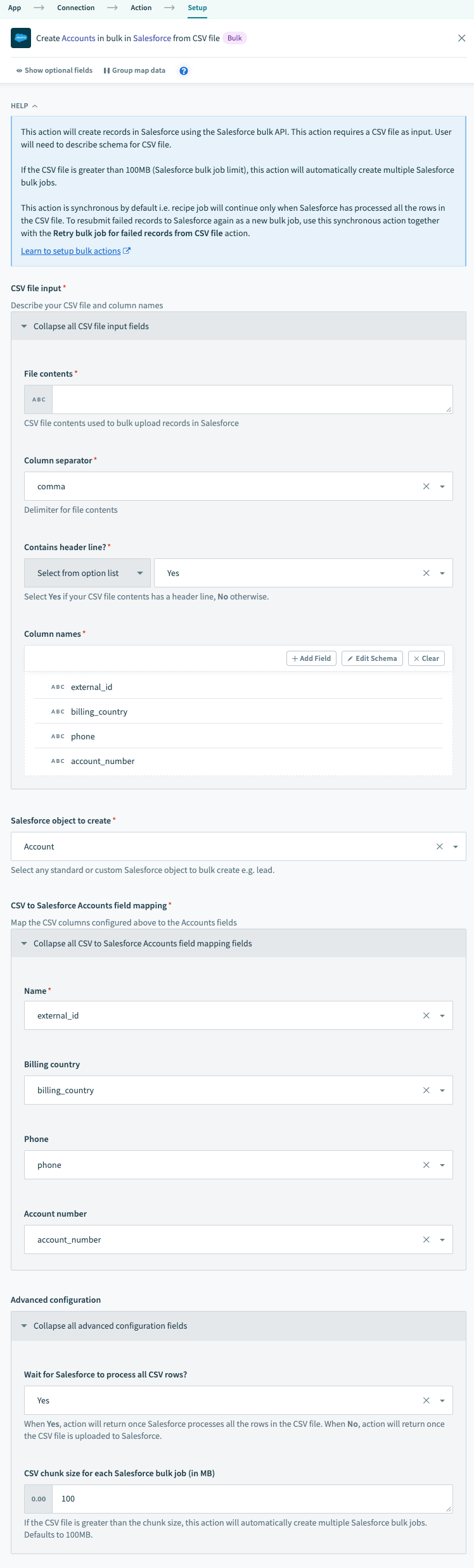 Configured Salesforce bulk upsert action