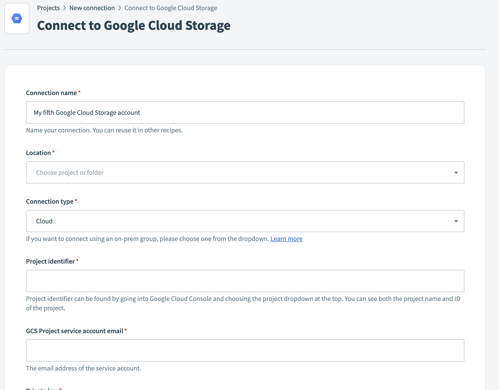 Google Cloud Storage connection setup