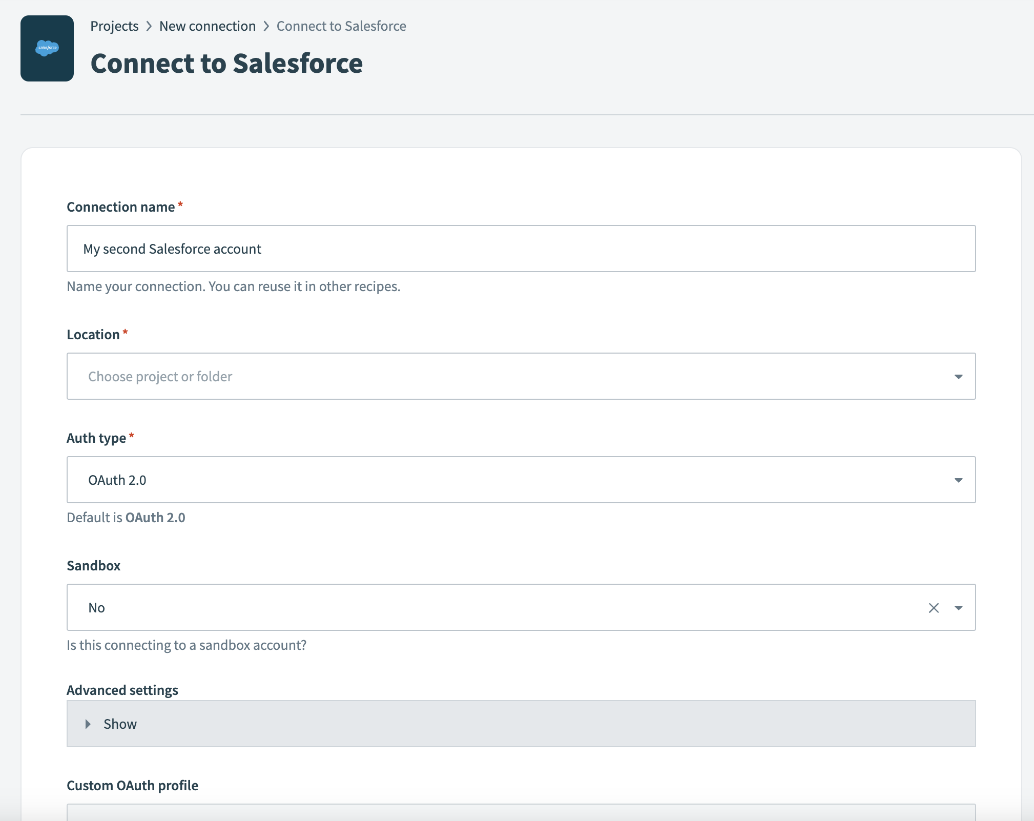 Salesforce connection setup