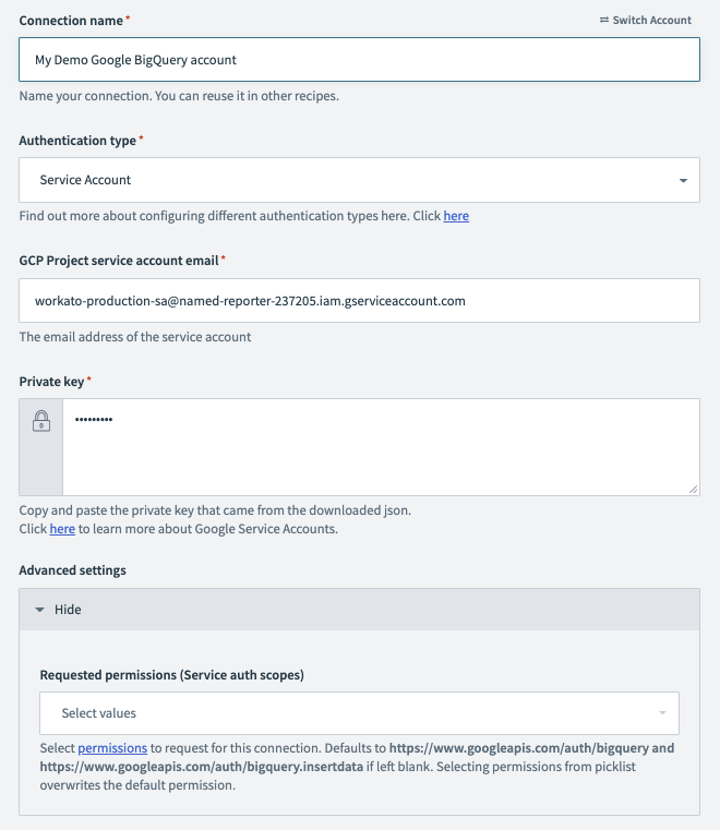 Configuring Google BigQuery connection