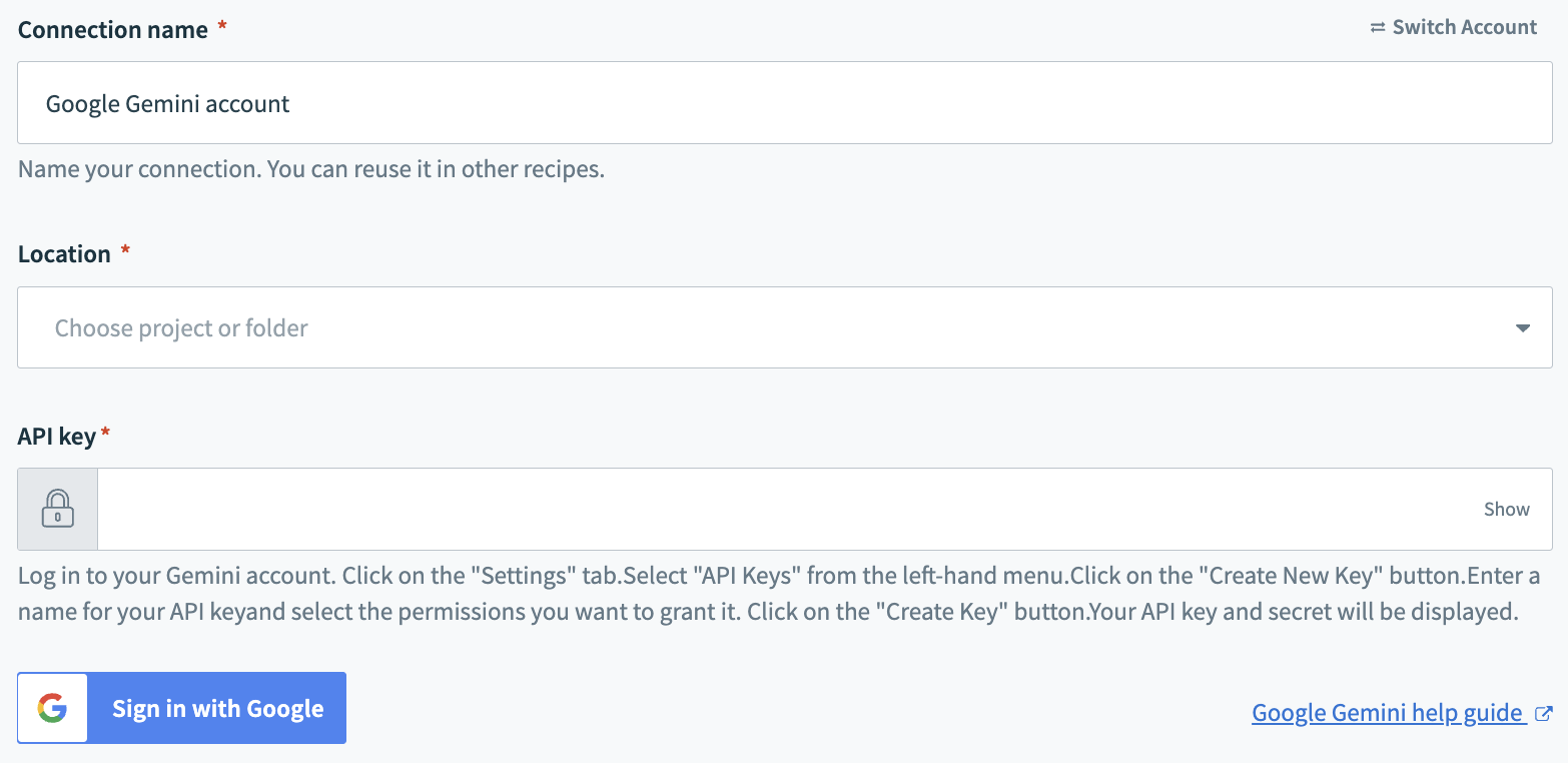 Google Gemini connection