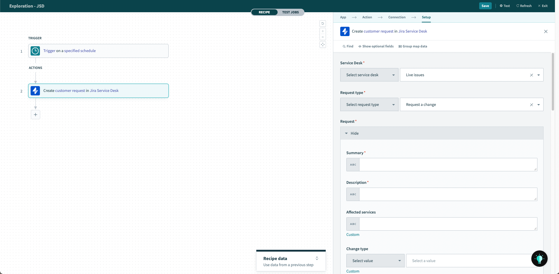 顧客リクエストの作成アクション