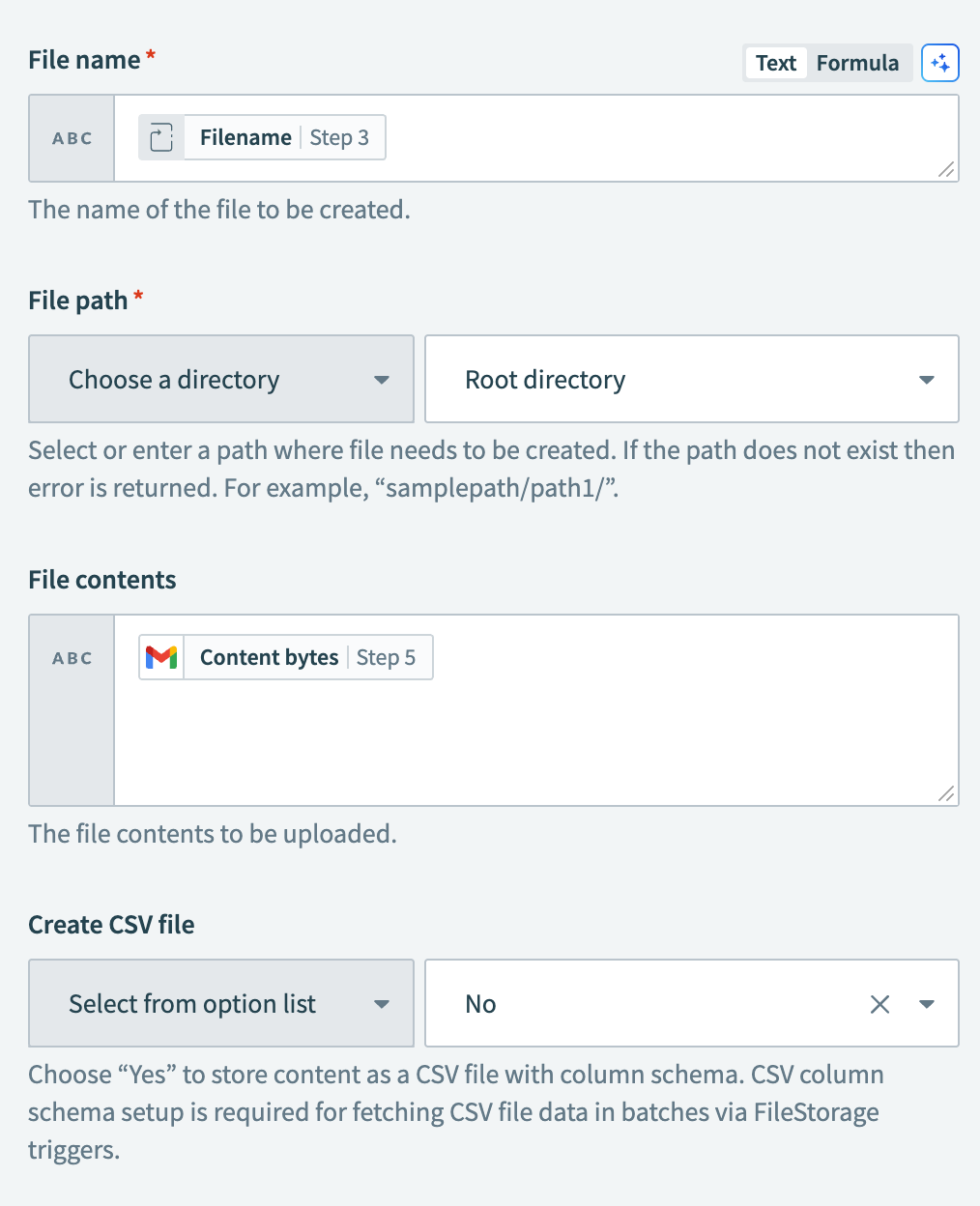 Select the Create file action
