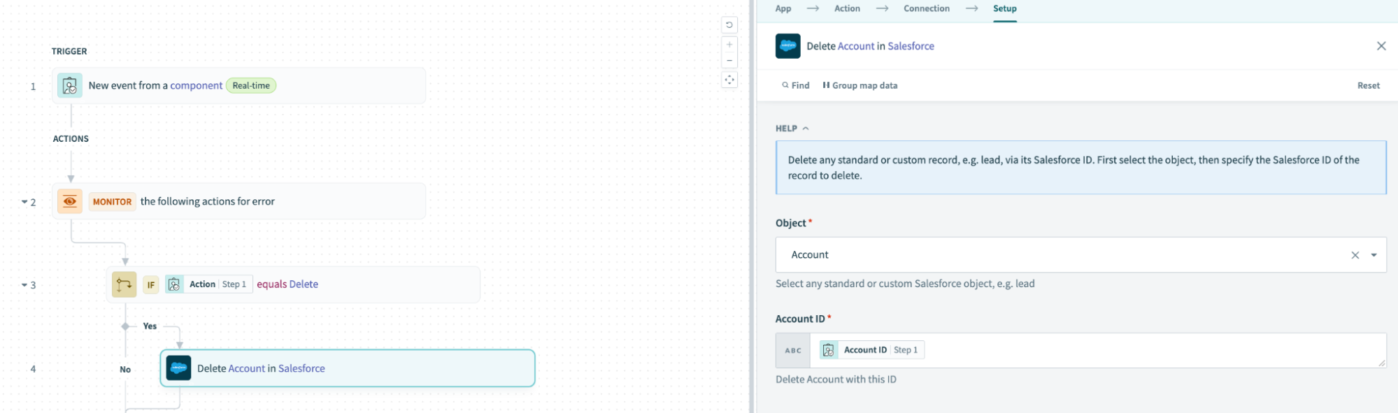 Delete account in Salesforce action
