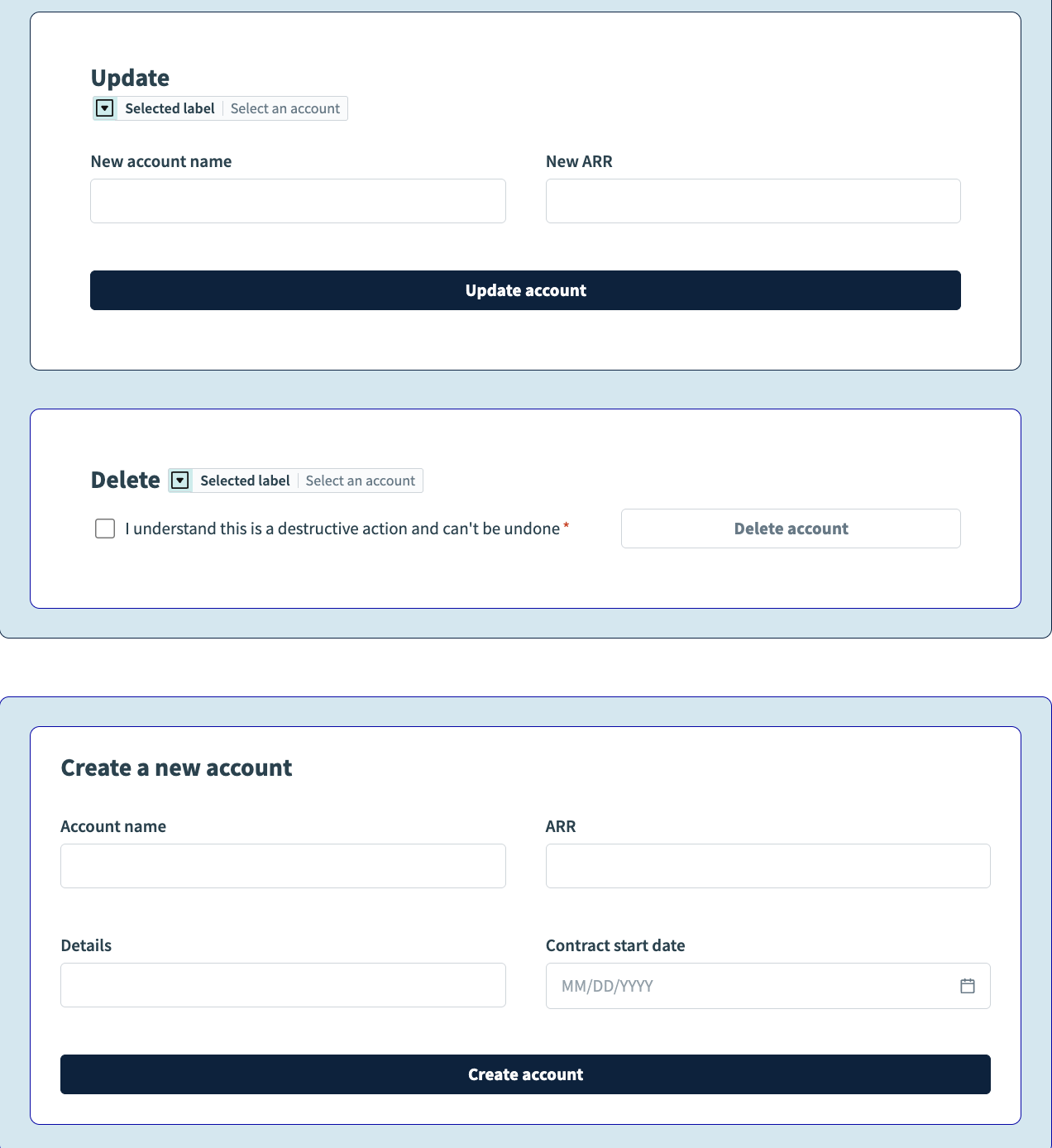 Buttons for updating, deleting, and creating an account