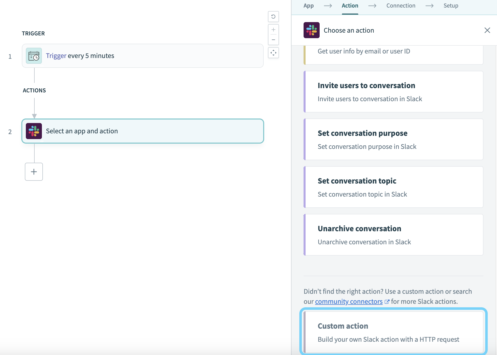 Selecting the custom action