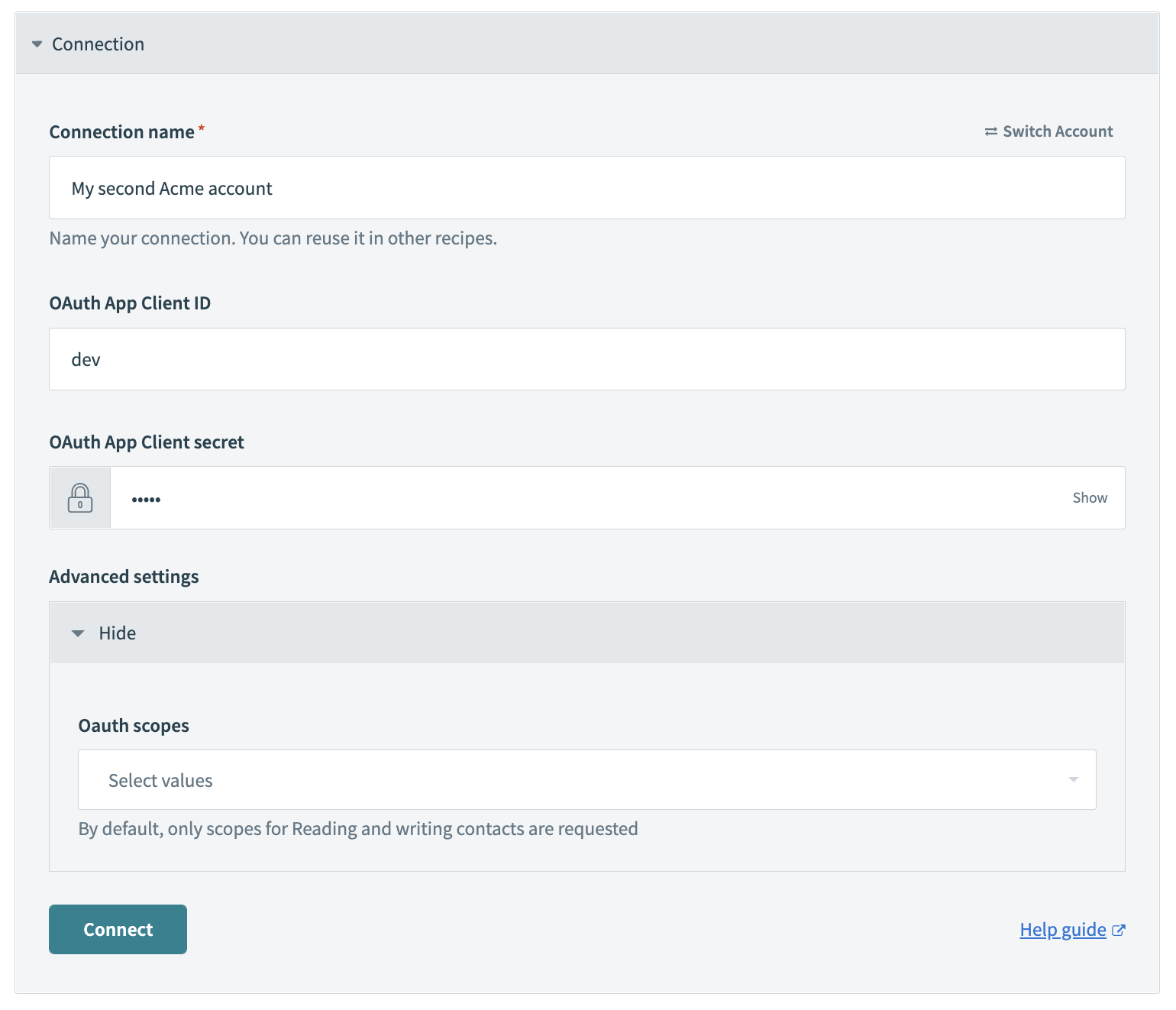 OAuth connection with scopes