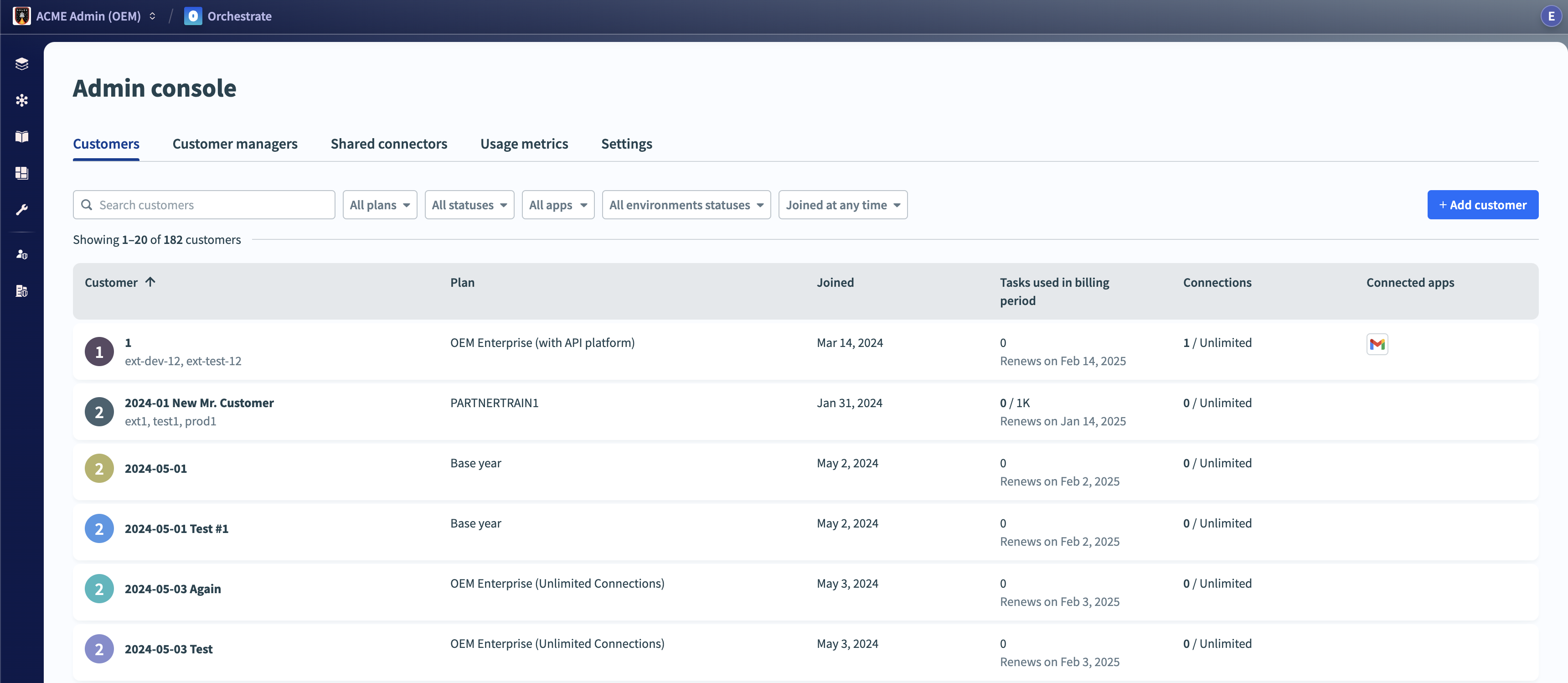 Admin console Customers table