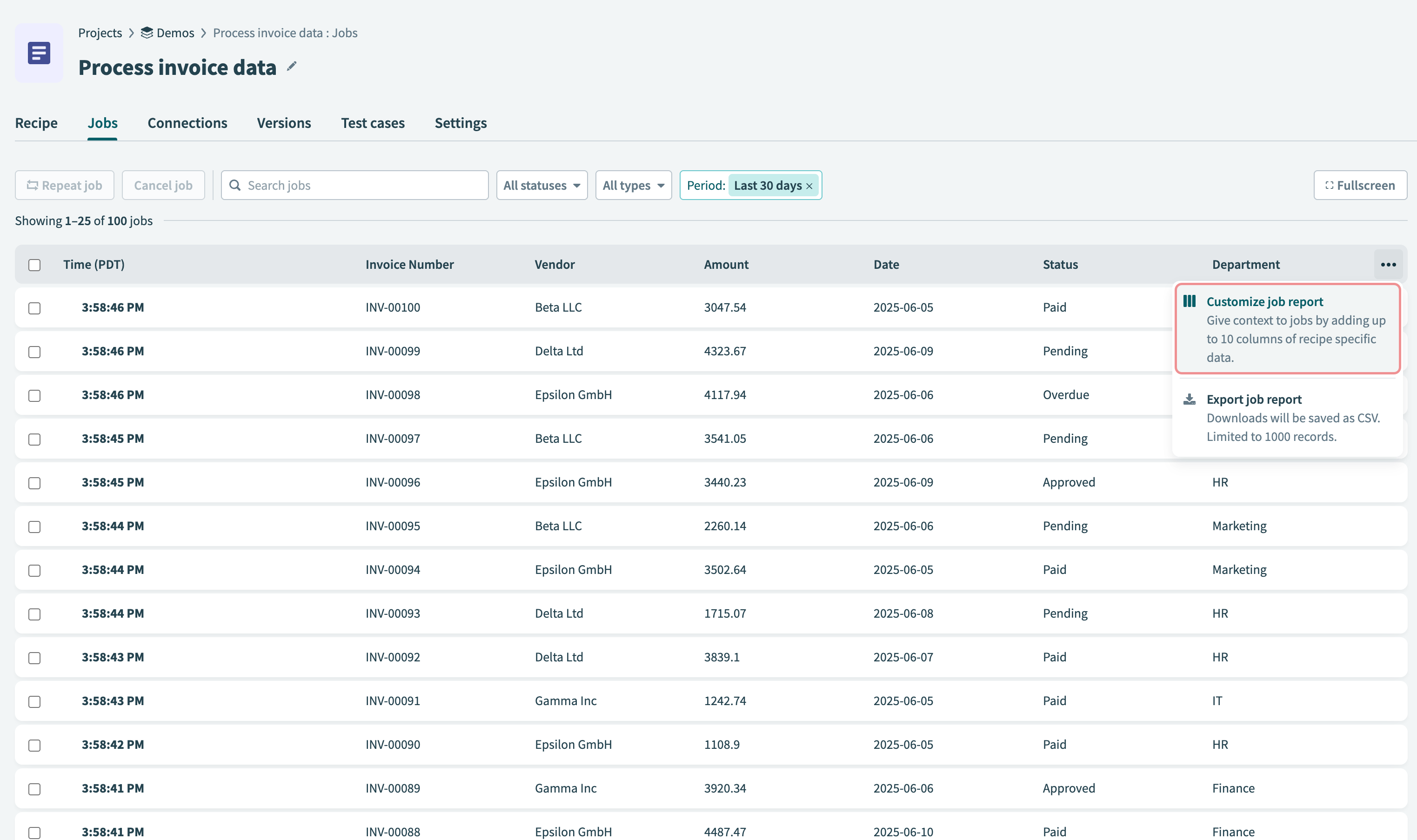 Customize report popup