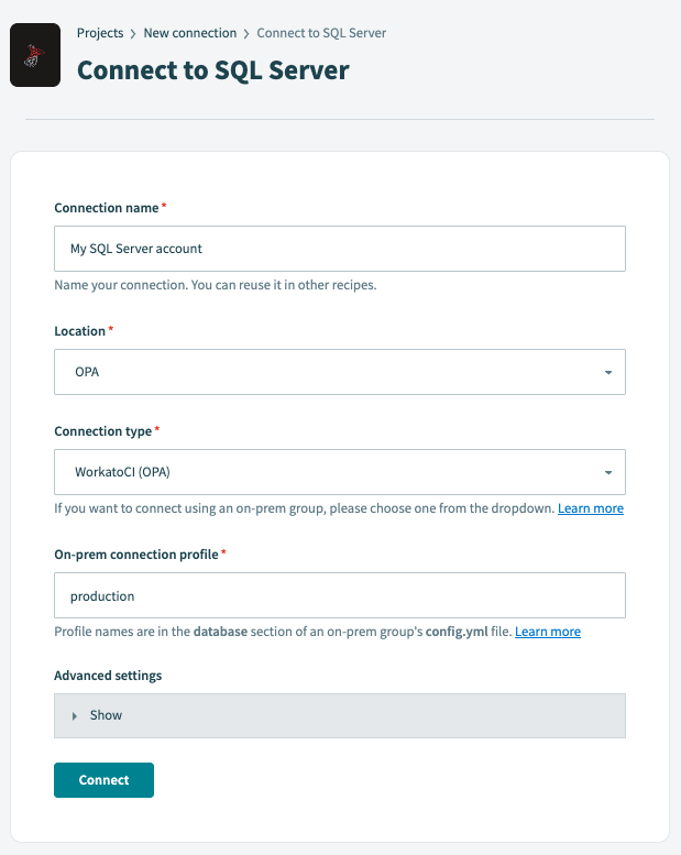 Database connection using on-prem agent 
