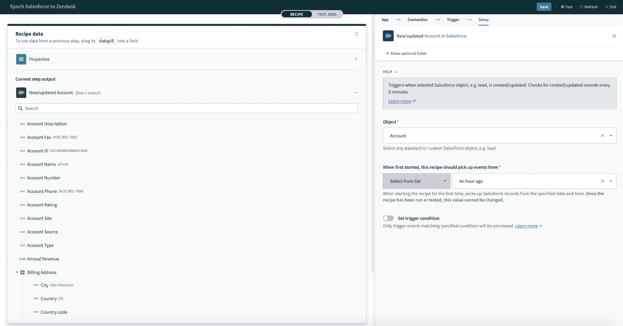 Expand the Recipe data menu