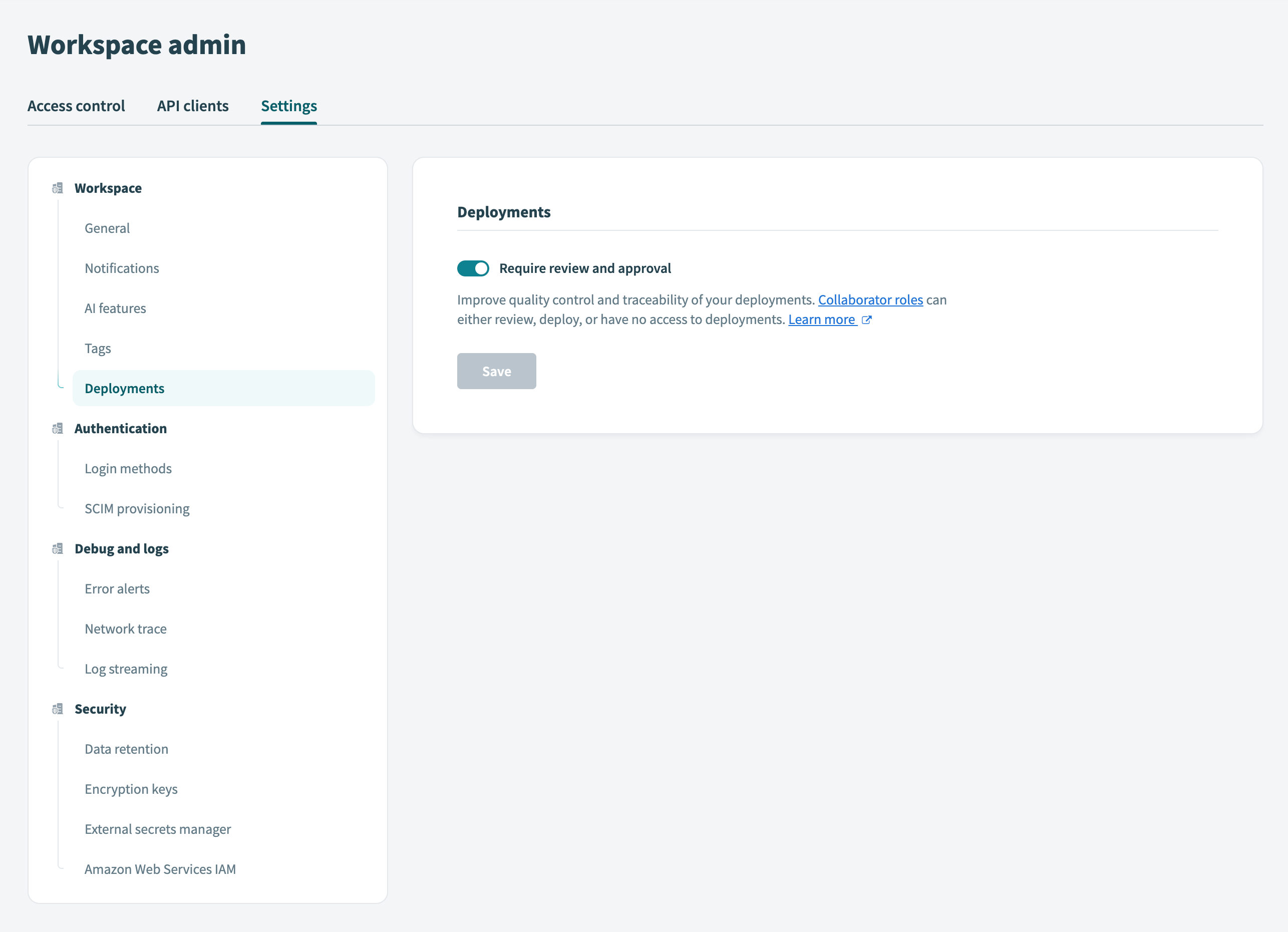 Deployments settings
