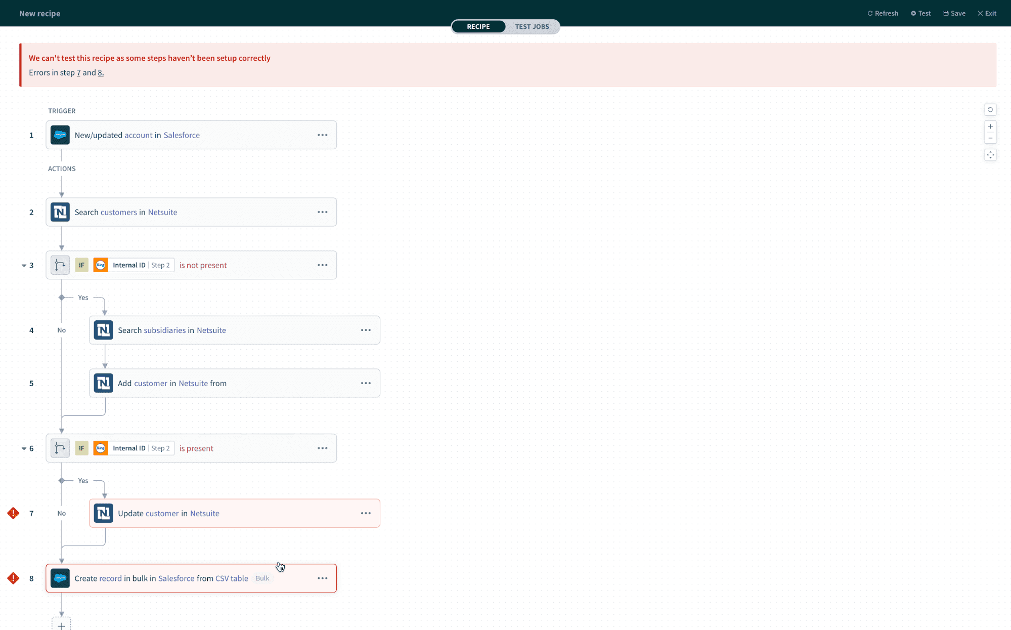 レシピのテスト時または開始時に表示されるレシピの設計時のエラー
