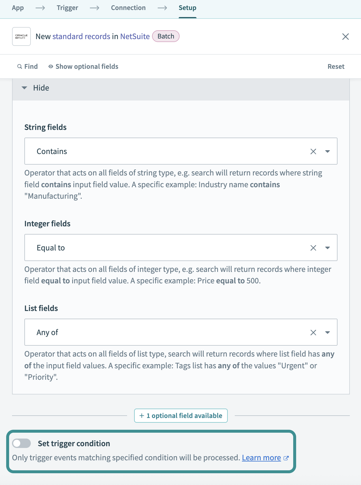 Disable the Set trigger condition toggle