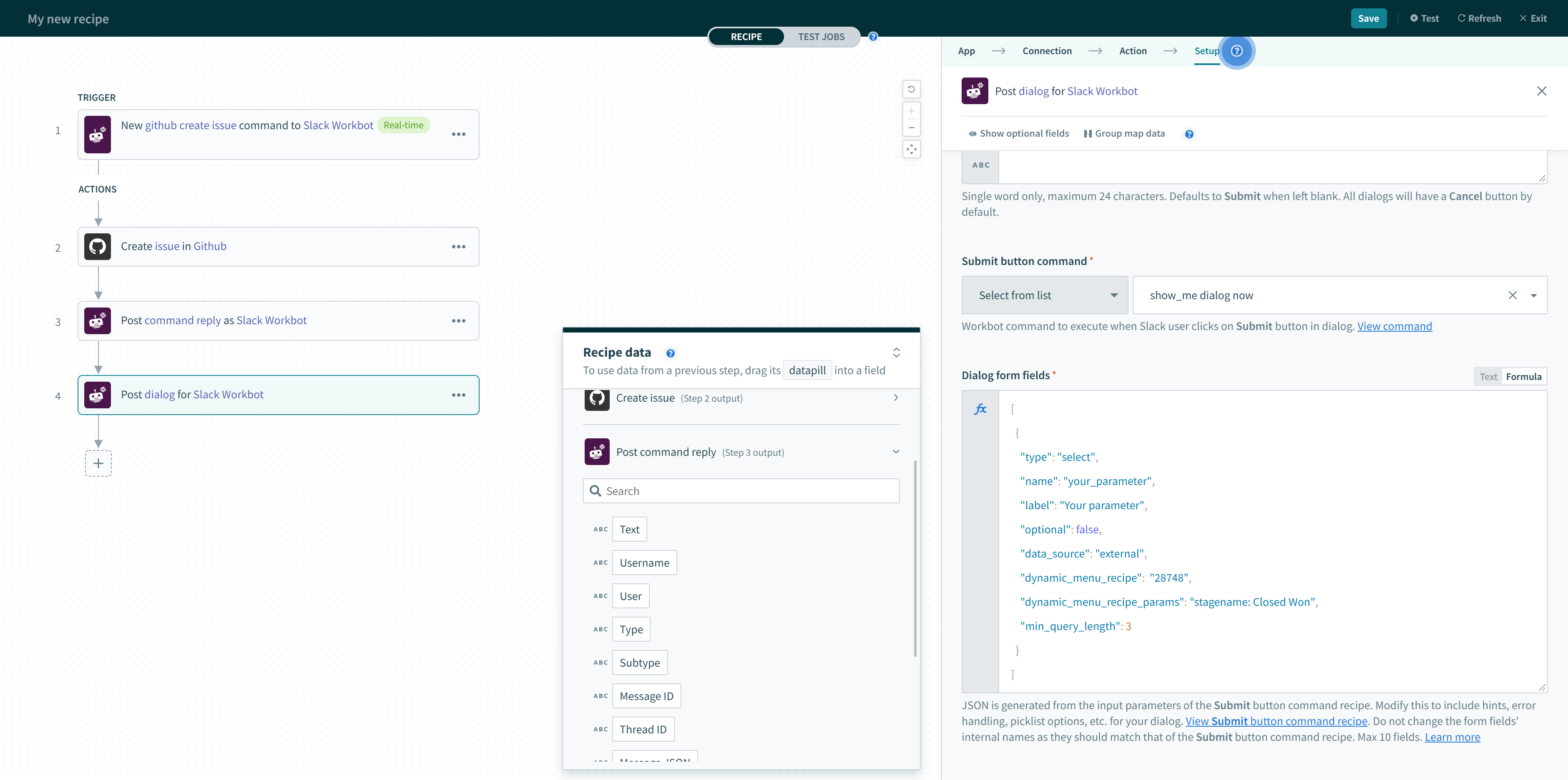Post dialog アクションでのダイナミックメニューの設定