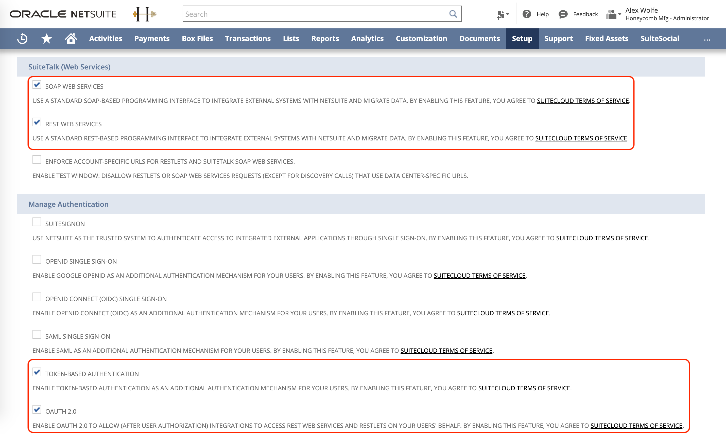 Select the SOAP Web Services, REST Web Services, Token-based authentication, and OAuth 2.0 checkboxes