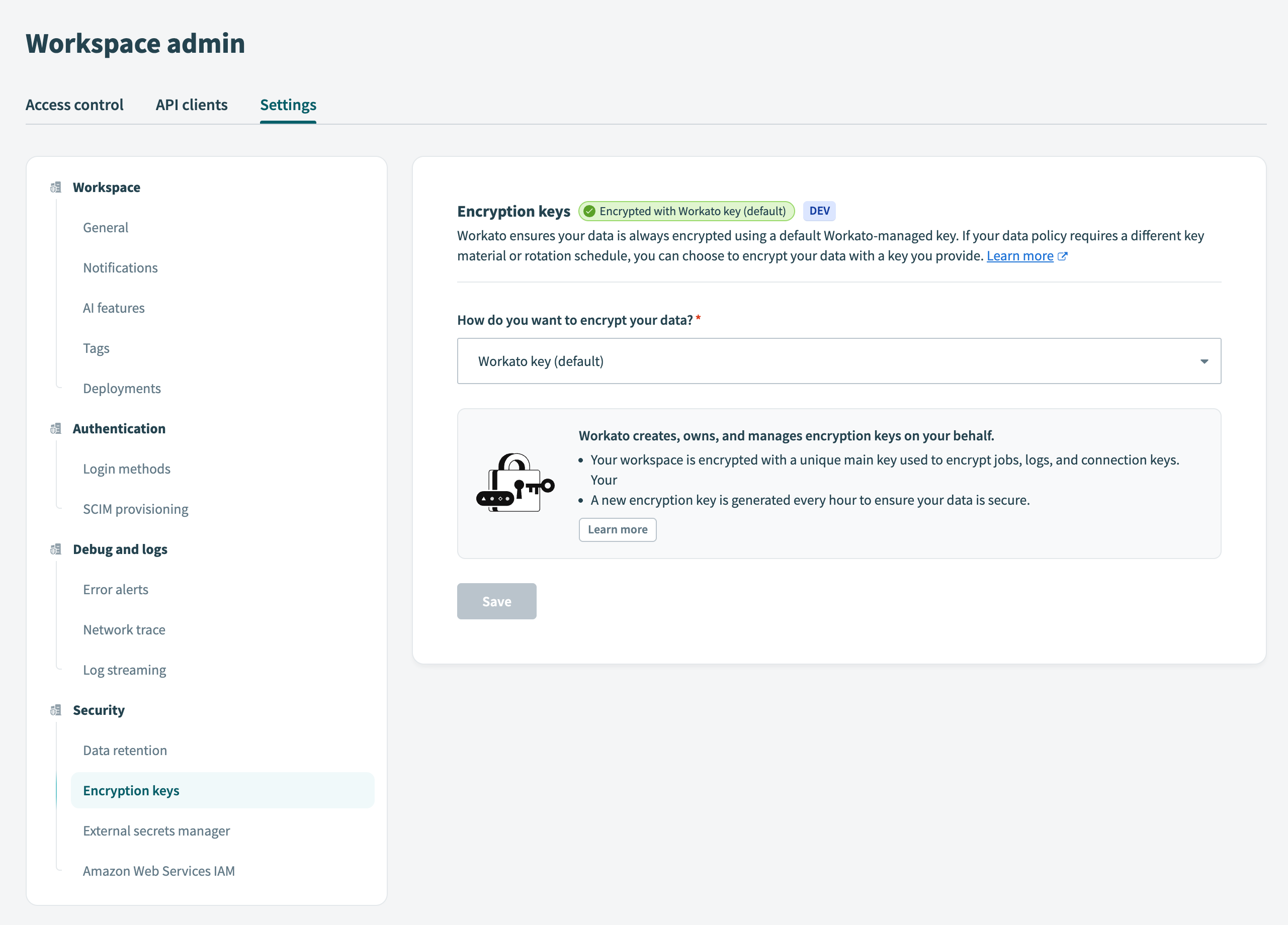Encryption keys settings