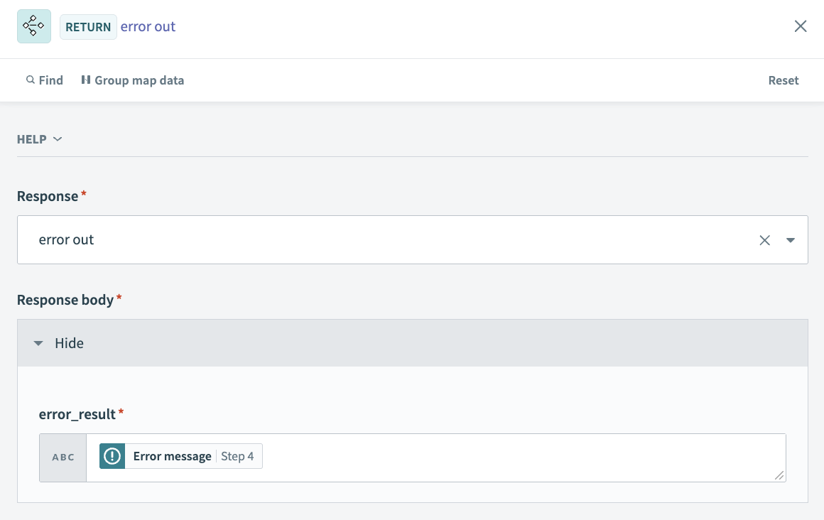 Map the Error message datapill to the Result field