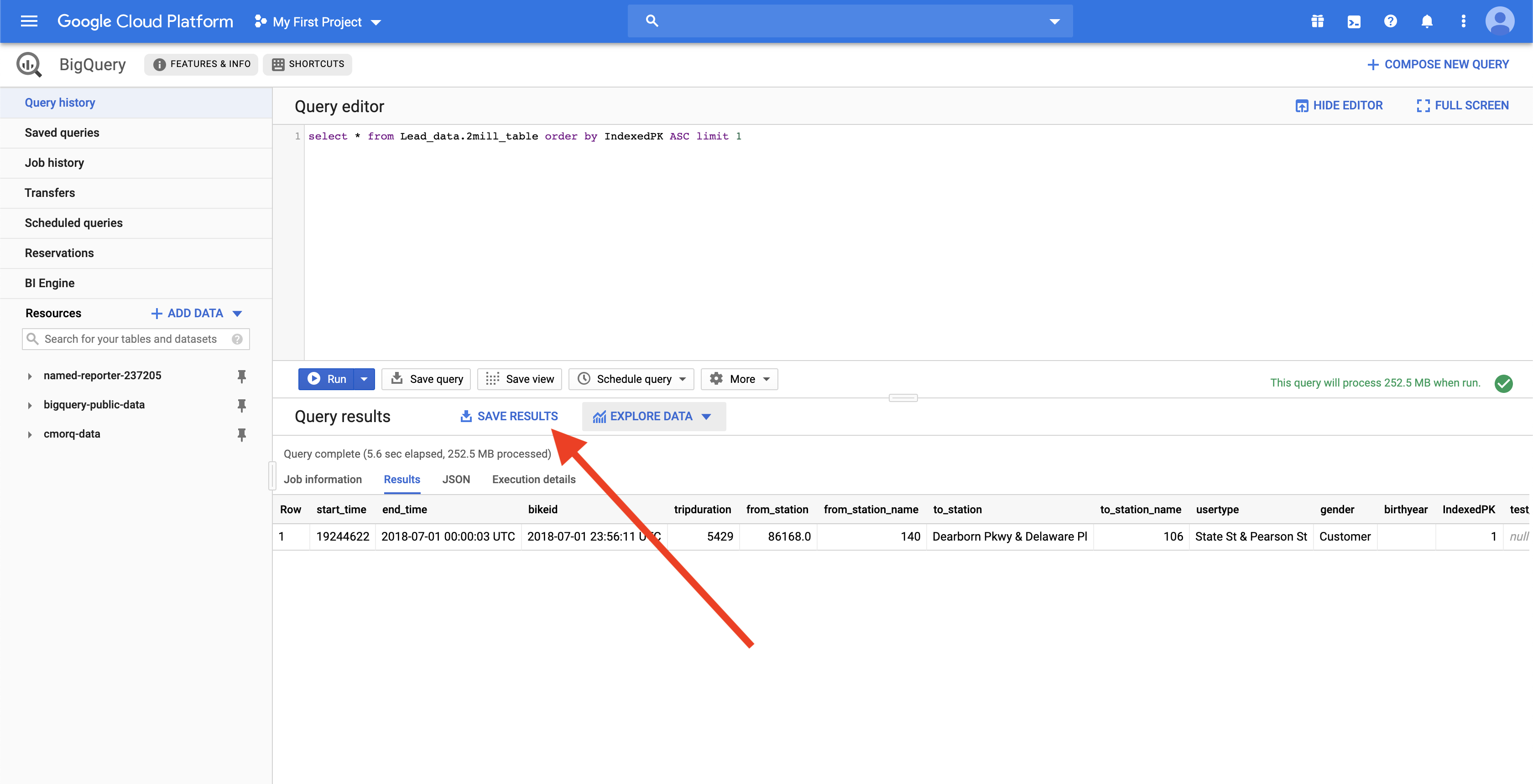 Export CSV from Google BigQuery