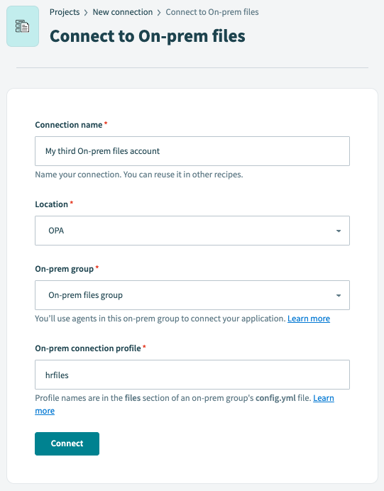 On-prem file connection using on-prem agent