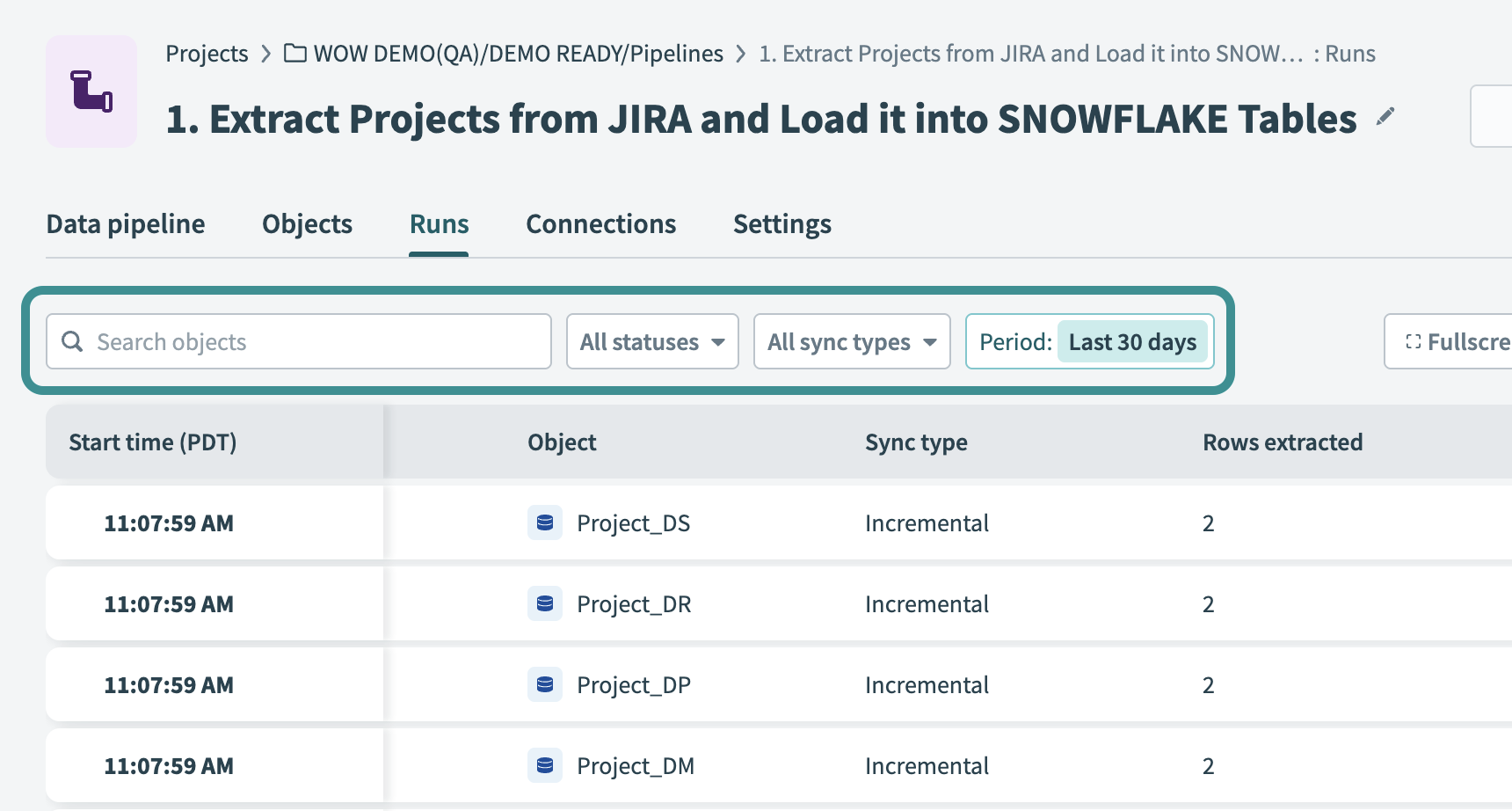 Filter the runs table