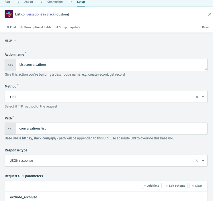 Completed Slack custom action to list conversations