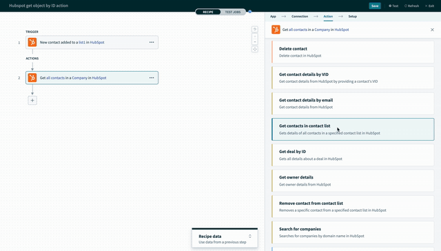 コンタクトリスト内のコンタクトの取得アクション