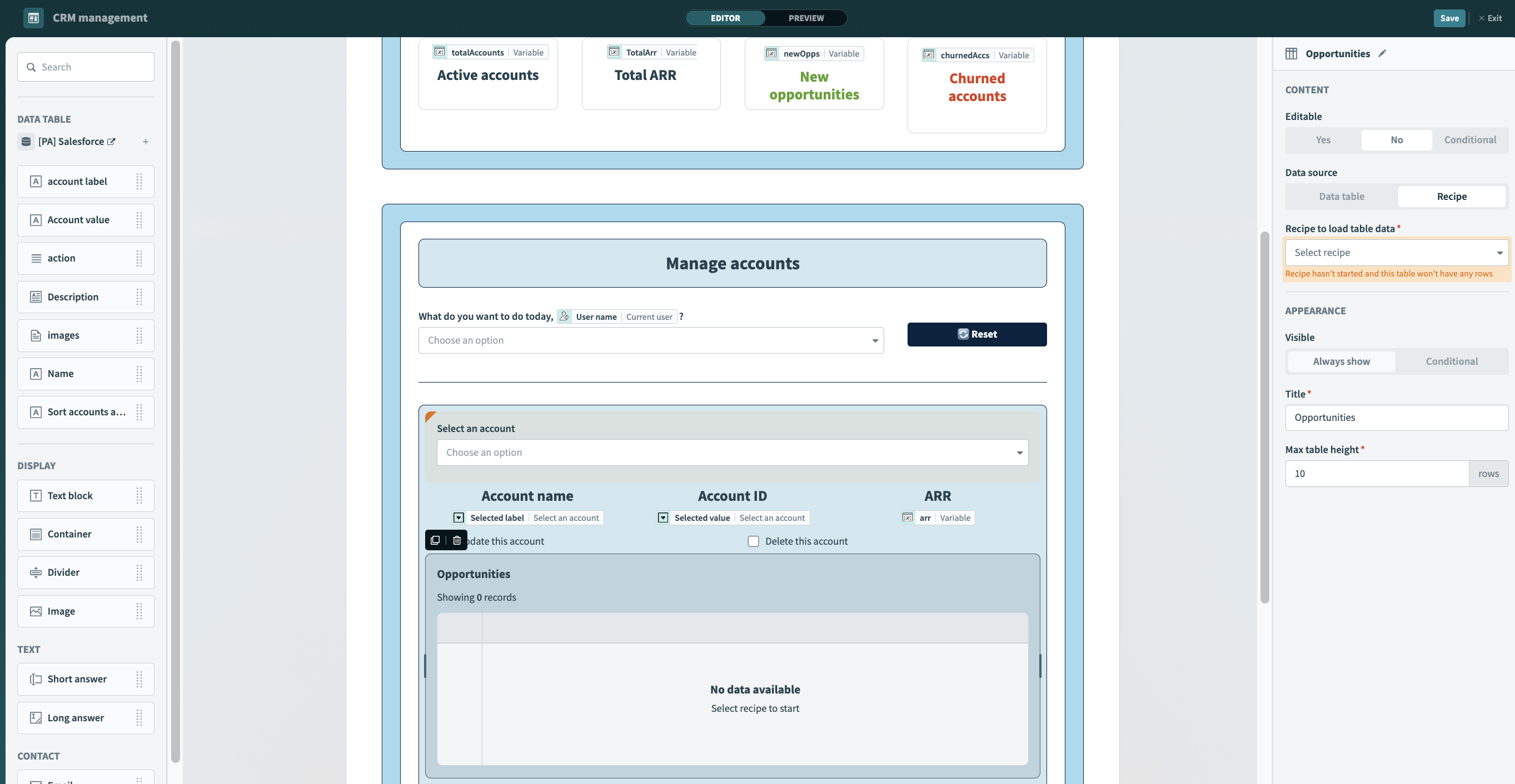 Select recipe as the data source