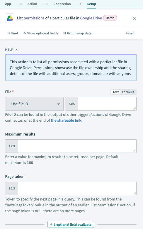 Google Drive List file permissions action