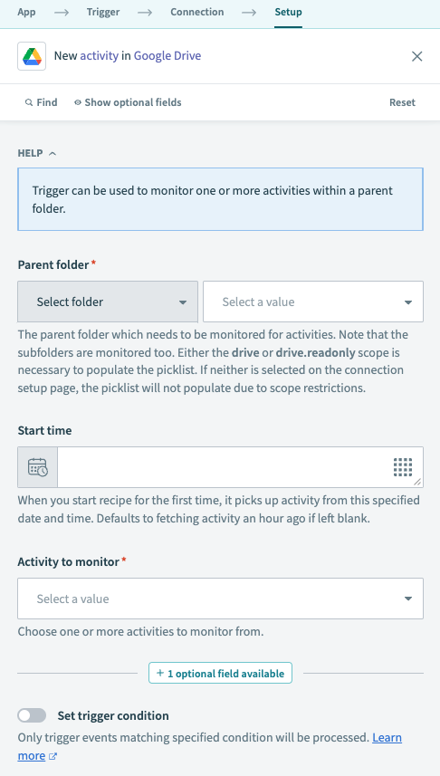 Google Drive New activity trigger