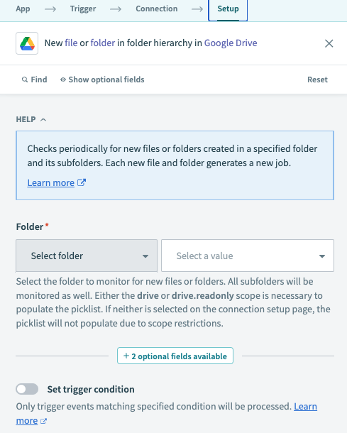 Google Drive New file or folder in folder hierarchy trigger