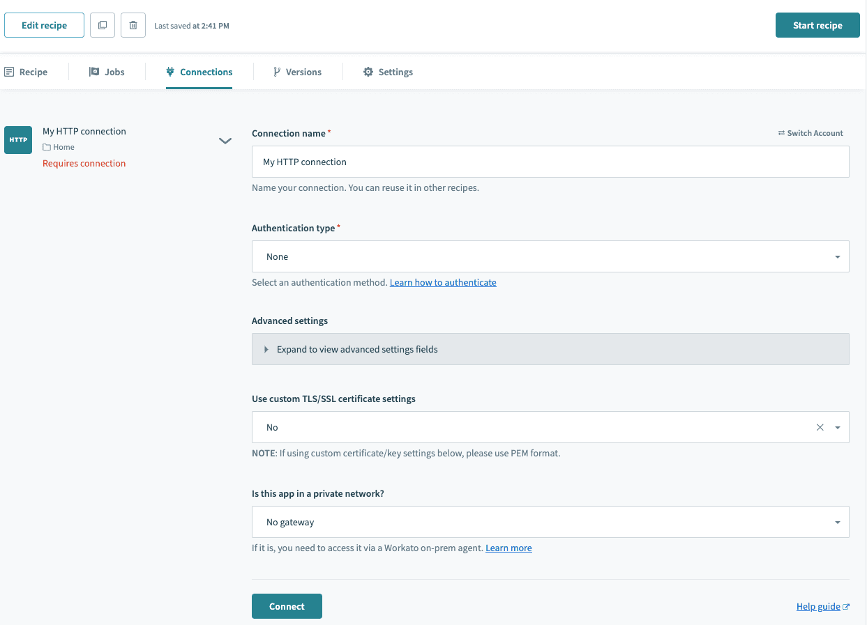 HTTP コネクターの認証タイプ : None